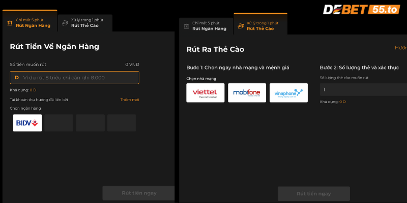 Đối với các phương thức rút tiền tại DEBET 